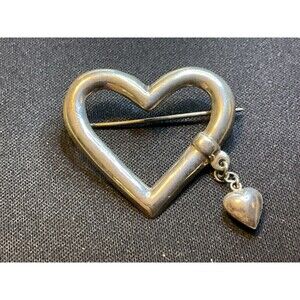 925 Sterling Silver Vintage Open Heart With Dangle Heart Brooch